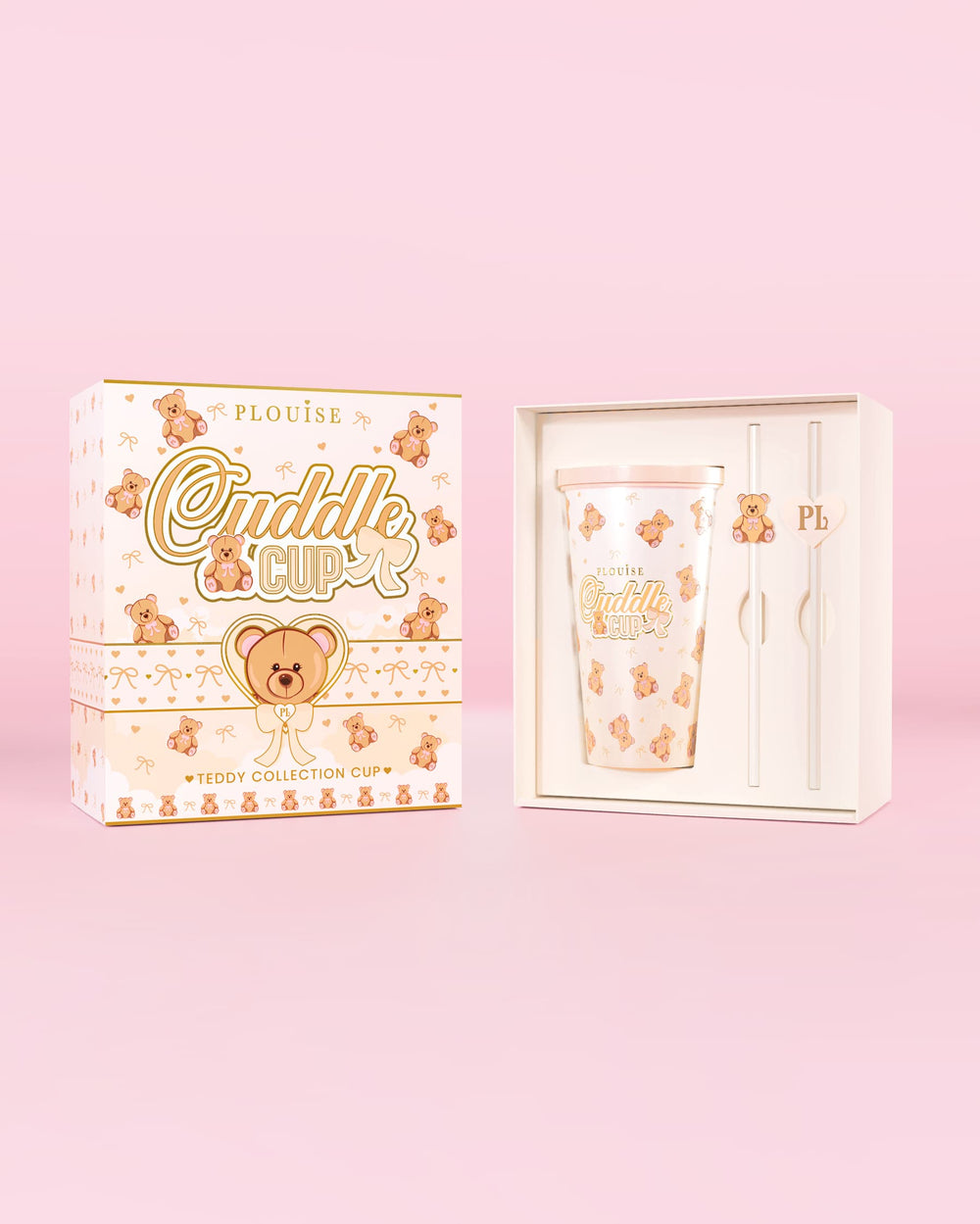 Imagen del vaso y pajita de acero con forma de osito de peluche de P.Louise en un empaque con un diseño con estampado de osito