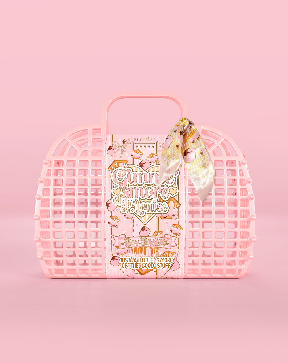 Cesta rosa estilo waffle com um produto dentro em um fundo rosa