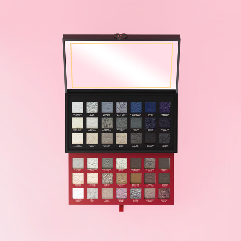 Paleta de sombras de maquiagem de Halloween P.Louise Mystic Moonlight com vários tons em um fundo rosa