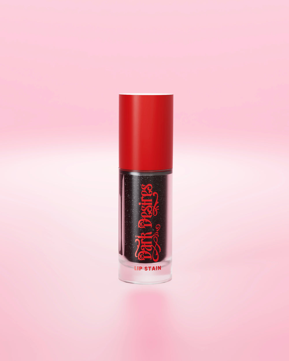 Uma mancha labial preta P.Louise que muda de cor com tampa vermelha em um fundo rosa