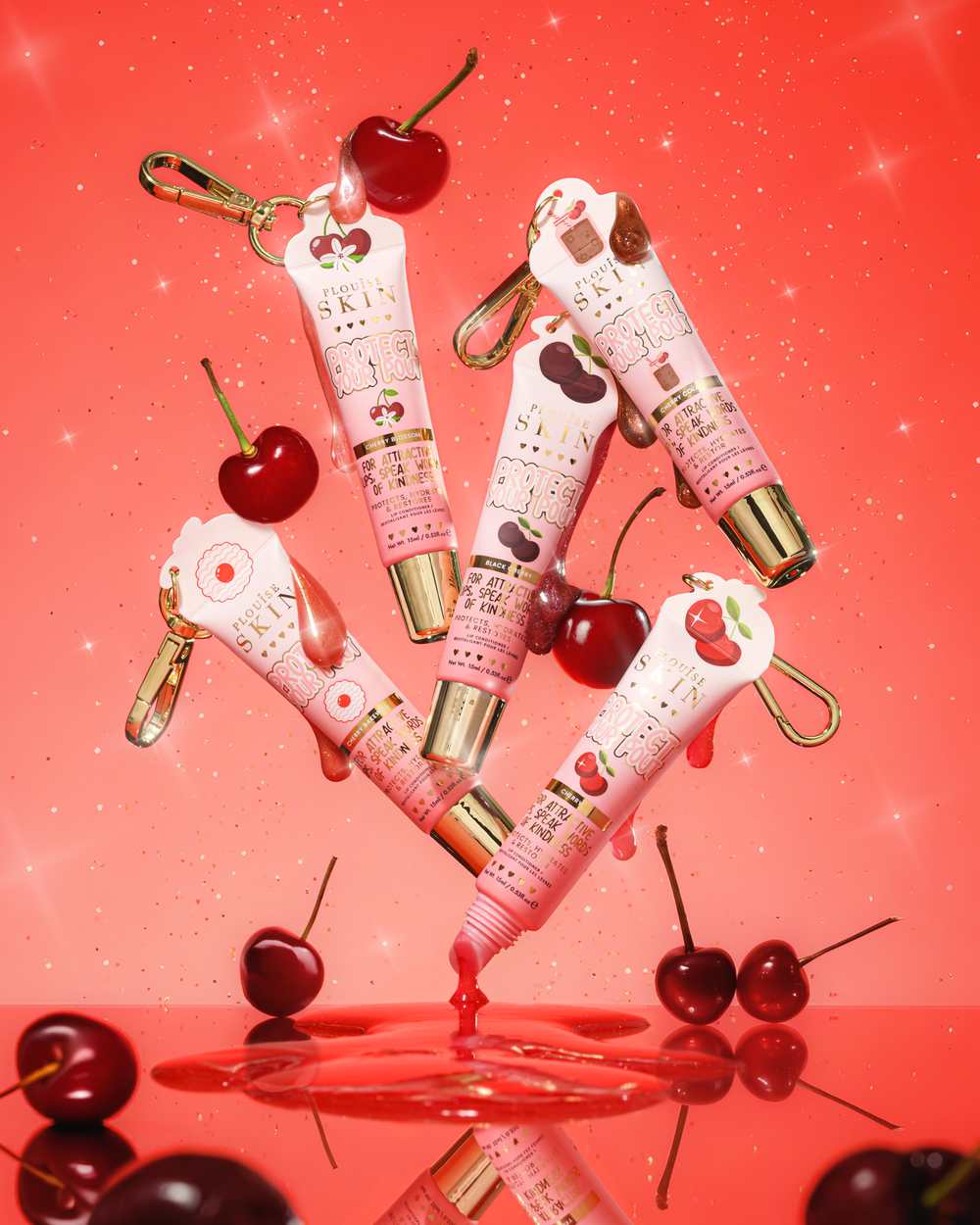 Rosa glitter cereja perfumada protege seus tubos de condicionador labial com desenho de cereja em um fundo vermelho