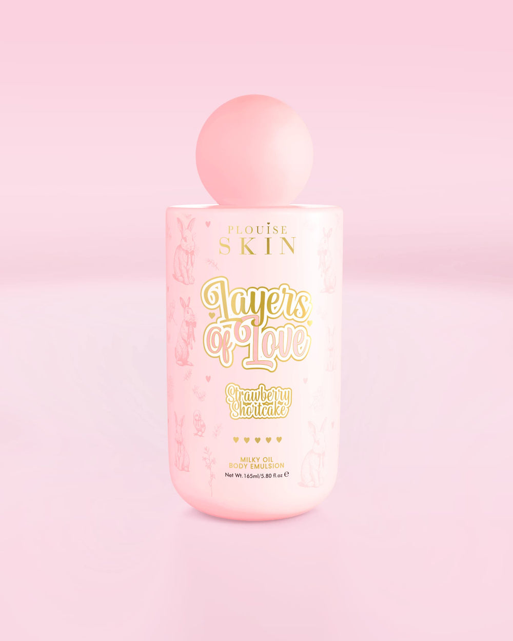 Frasco rosa de emulsão corporal P.Louise Layers Of Love Milky Oil com aroma de torta de morango