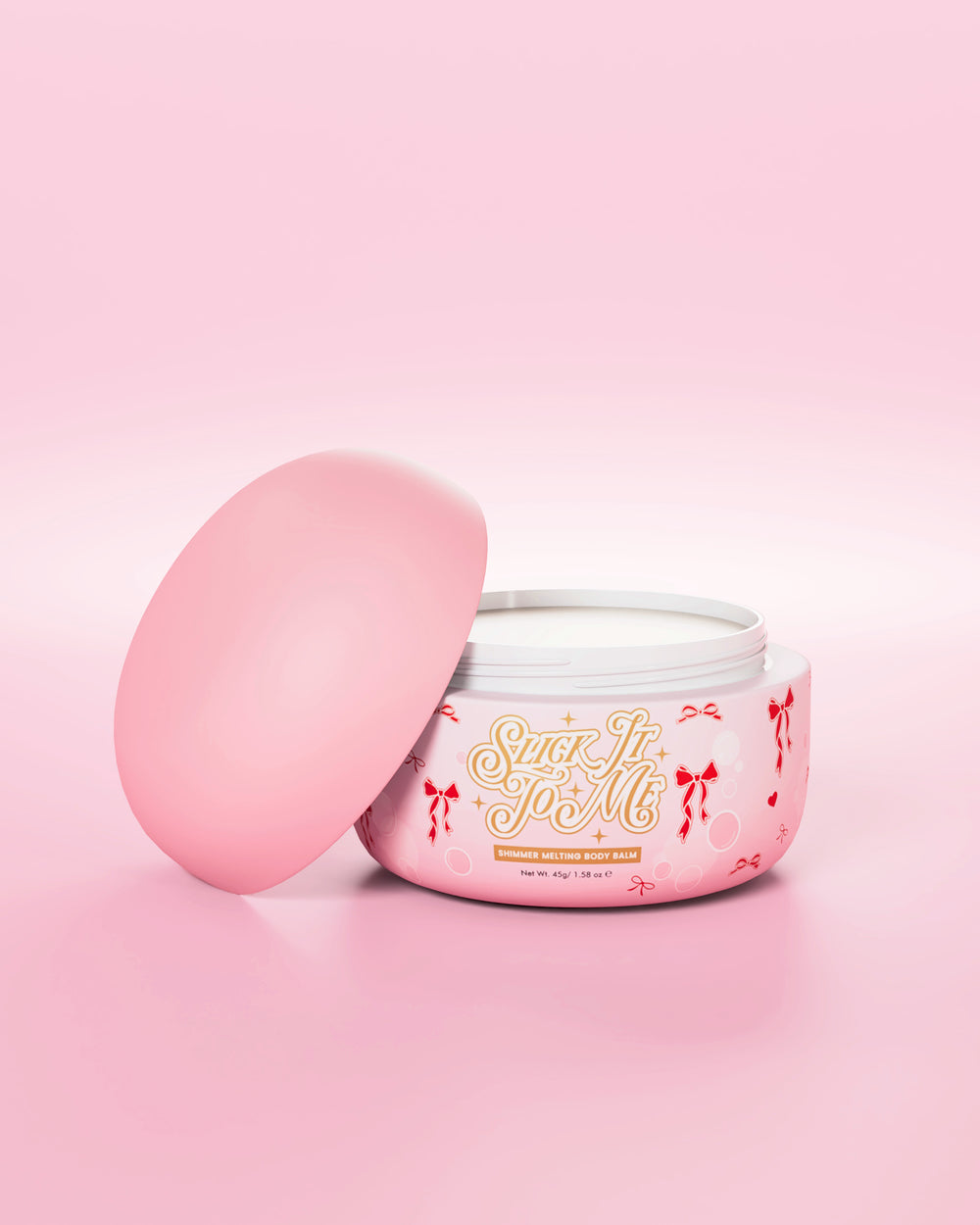 Pink tub of P.Louise Slick It To Me Shimmer Melting Body Balm with the lid off