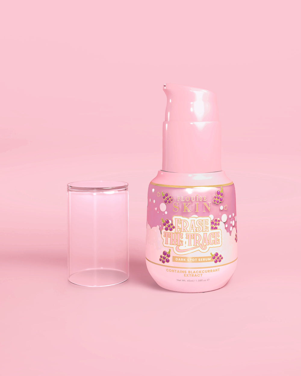 Frasco rosa de P. Louise Erase The Trace Dark Spot Correcting Serum com a tampa aberta em um fundo rosa