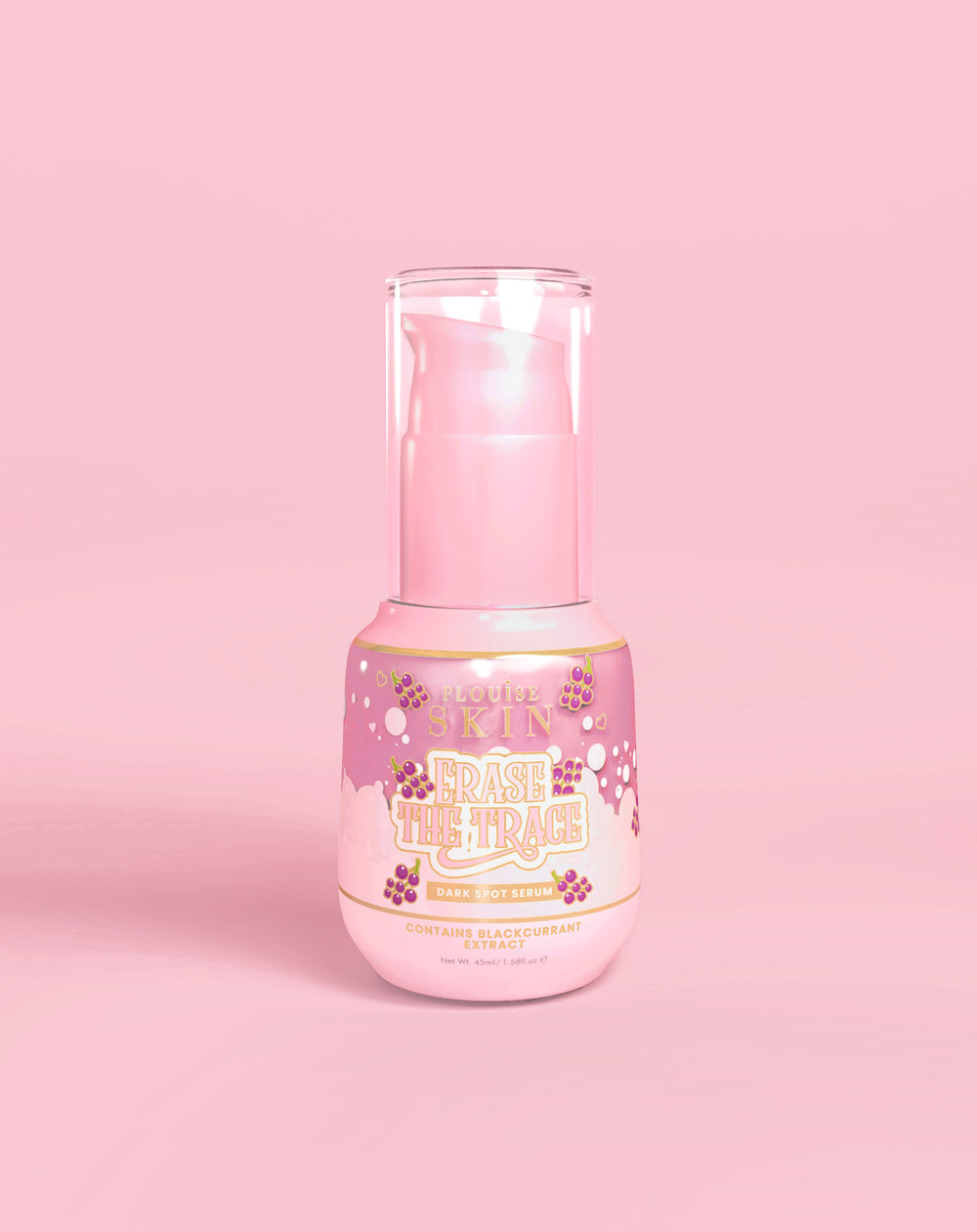 Frasco rosa de P. Louise Erase The Trace Dark Spot Correcting Serum em um fundo rosa