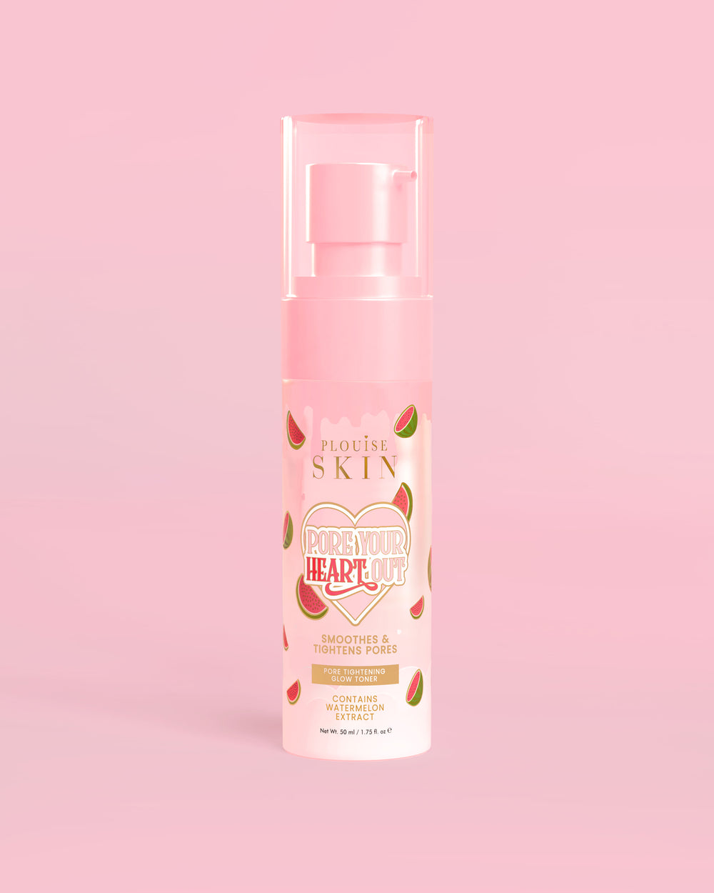 P. Louise Pore Your Heart Out Watermelon Pore Tightening Toner com desenho de melancia em um fundo rosa