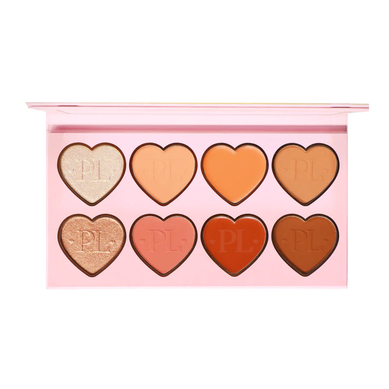 Uma imagem da paleta facial P.Louise All Over The Place com vários tons de cores em exibição em formatos de coração de amor