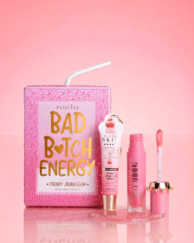 Duo de lábios energéticos Pink P.Louise Crystal Glitter Bad Bitcade em chiclete cereja com óleo labial brilhante e condicionador labial