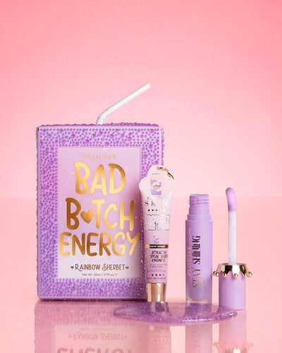 Purple P.Louise Crystal Glitter Bad Cadena Energy Lip Duo em sorvete de arco-íris com óleo labial brilhante e condicionador labial