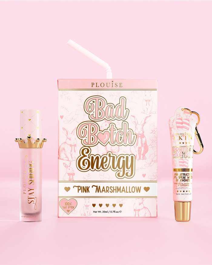 Duo de lábios de marshmallow rosa P.Louise 'Bad Bitch Energy' em um fundo rosa