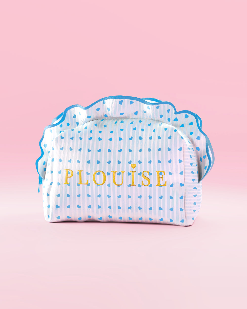 Bolsa de maquiagem e cuidados com a pele P.Louise listrada em azul e branco com babados e design azul framboesa