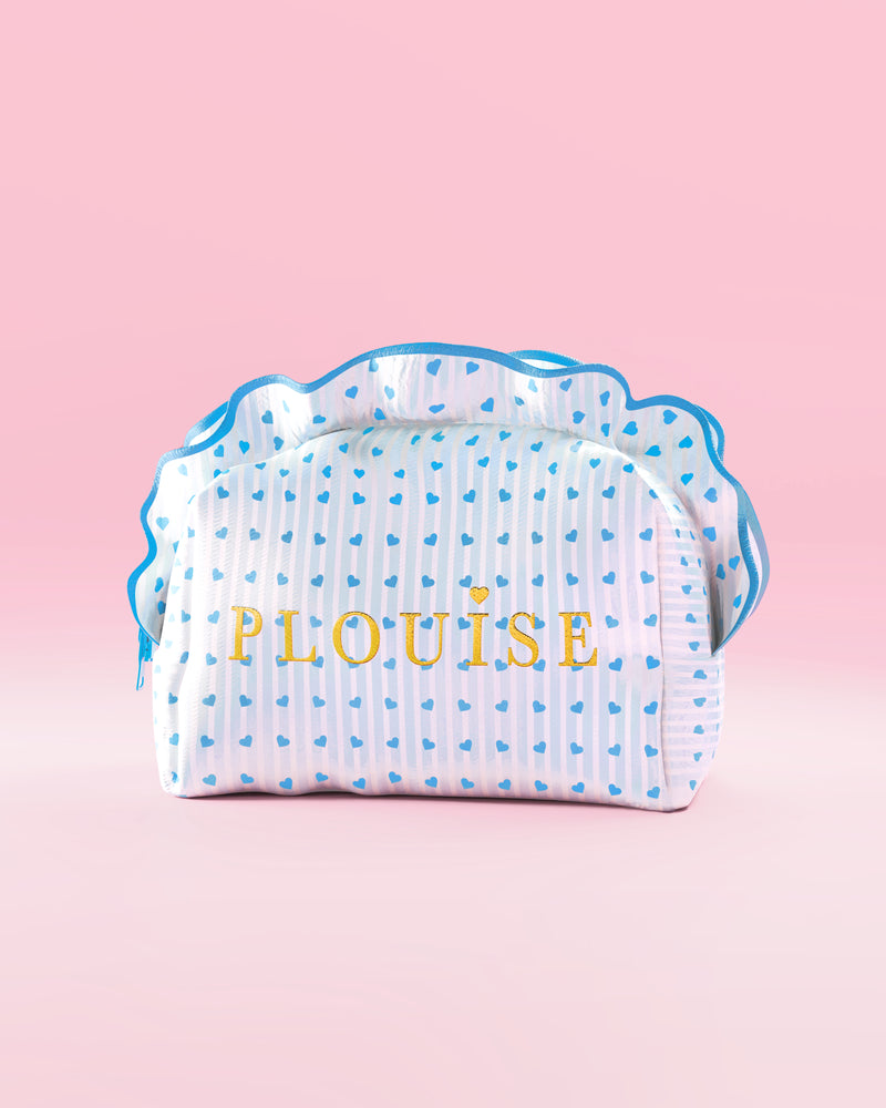 Bolsa de maquiagem e cuidados com a pele P.Louise listrada em azul e branco com babados e design azul framboesa
