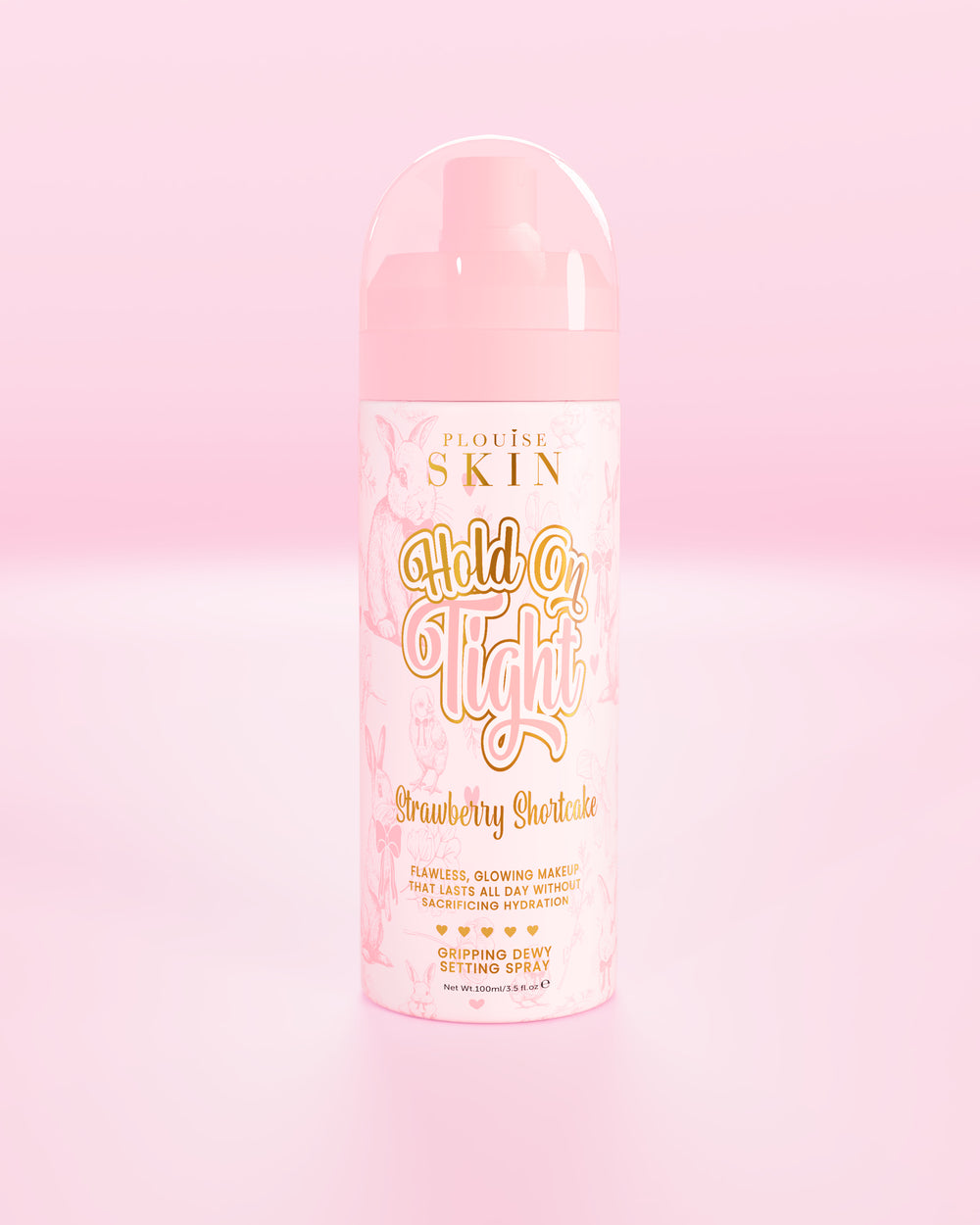 Frasco rosa de P.Louise Hond On Tight e emocionante spray de fixação orvalhado em torta de morango