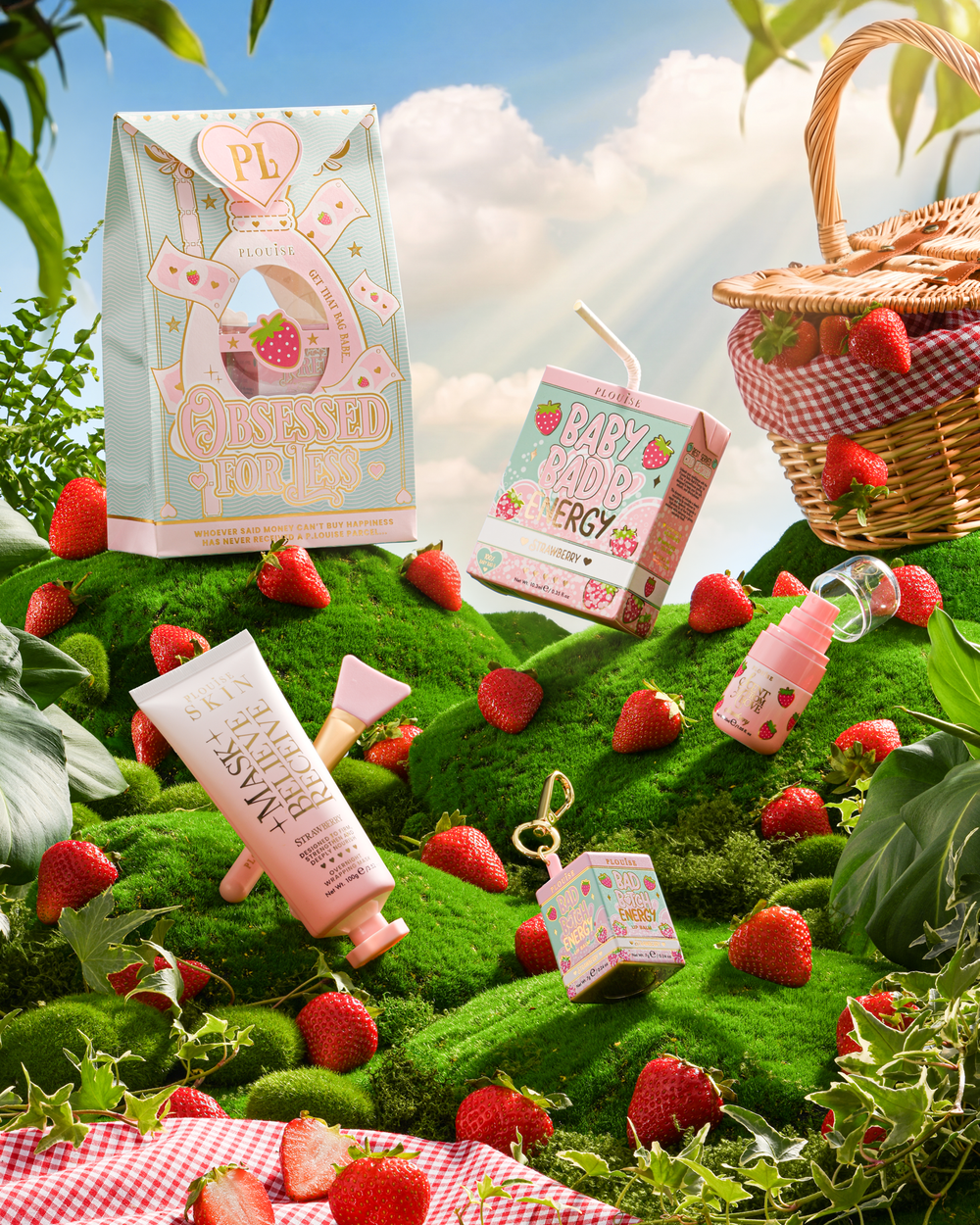 Strawberry P.Louise Obsessed For Bad Bitch colección completa en una colina cubierta de hierba rodeada de fresas