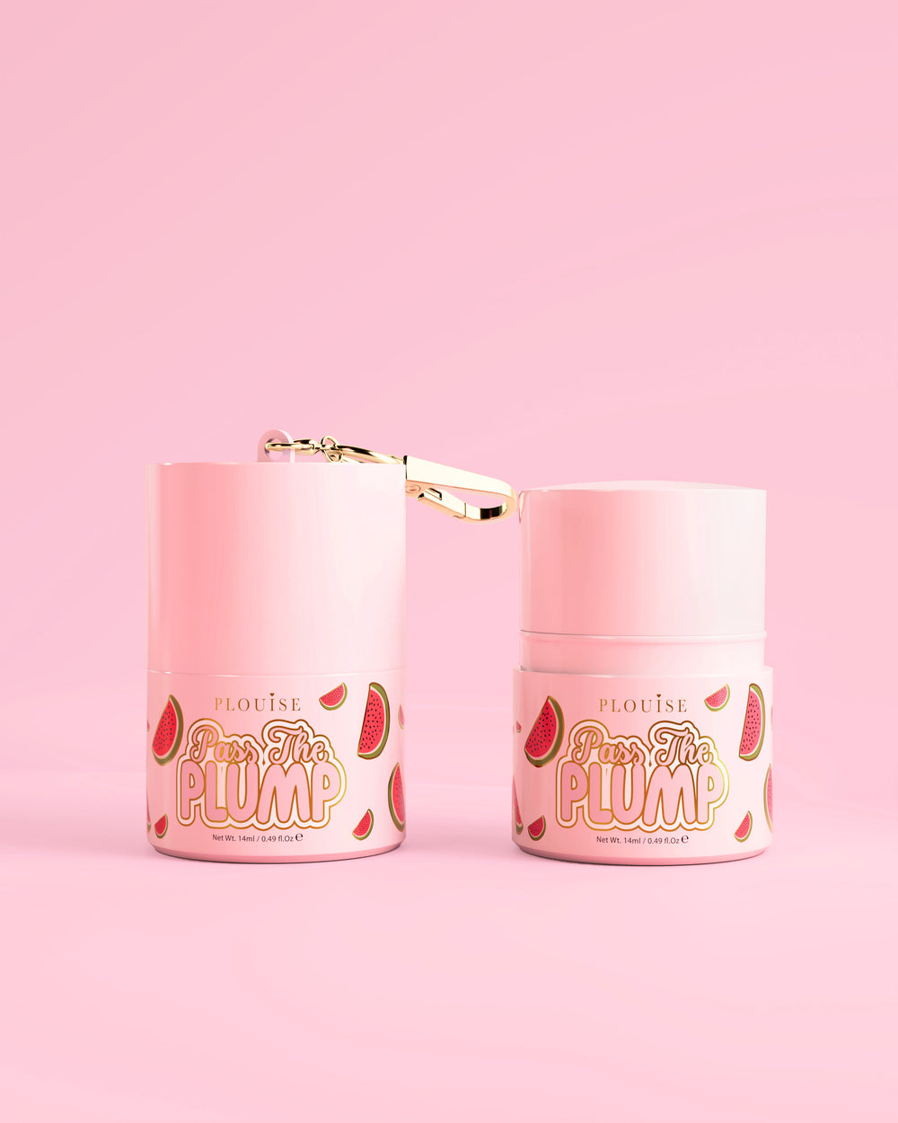 Two pink jars of P.Louise Pass The Plump Lip Treatment with watermelon design on a pink background