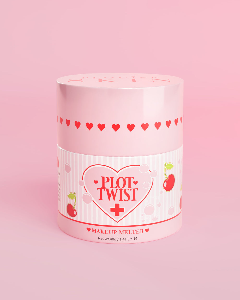 Um recipiente rosa de P.Louise Plot Twist Makeup Melting Cleansing Balm com desenhos de coração e cereja no rótulo contra um fundo rosa