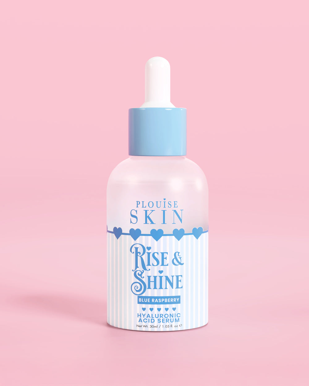 Frasco azul e branco de PLouise Rise and Shine Hyaluronic Serum em framboesa azul