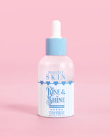 Frasco azul e branco de PLouise Rise and Shine Hyaluronic Serum em framboesa azul