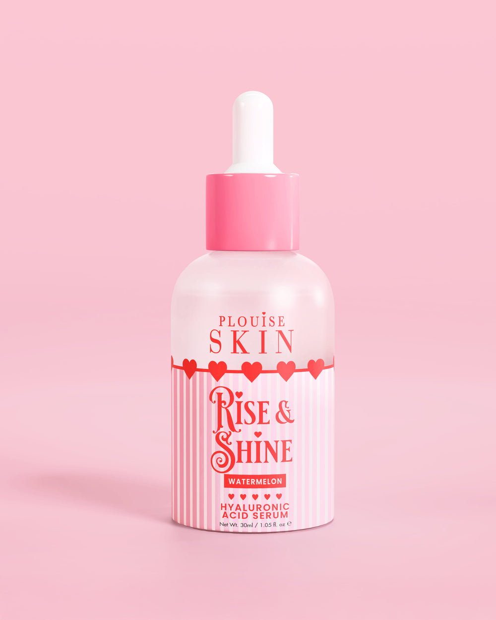 Frasco rosa vermelho e branco de soro de ácido hialurônico P.Louise Rise & Shine em melancia