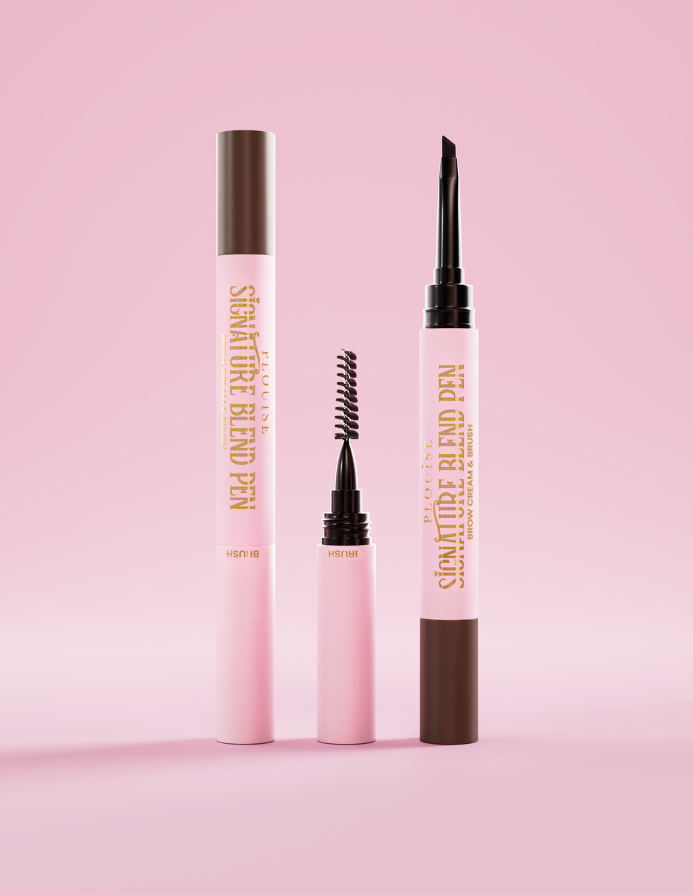 Uma caneta de sobrancelha P.Louise Signature com as tampas retiradas de cada extremidade para que o aplicador fique visível contra um fundo rosa