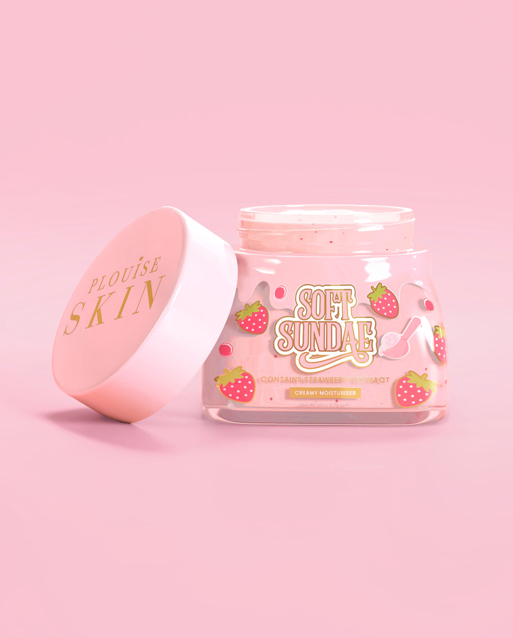 Frasco rosa de sorvete de sundae macio P. Louise, hidratante batido com a tampa aberta em um fundo rosa
