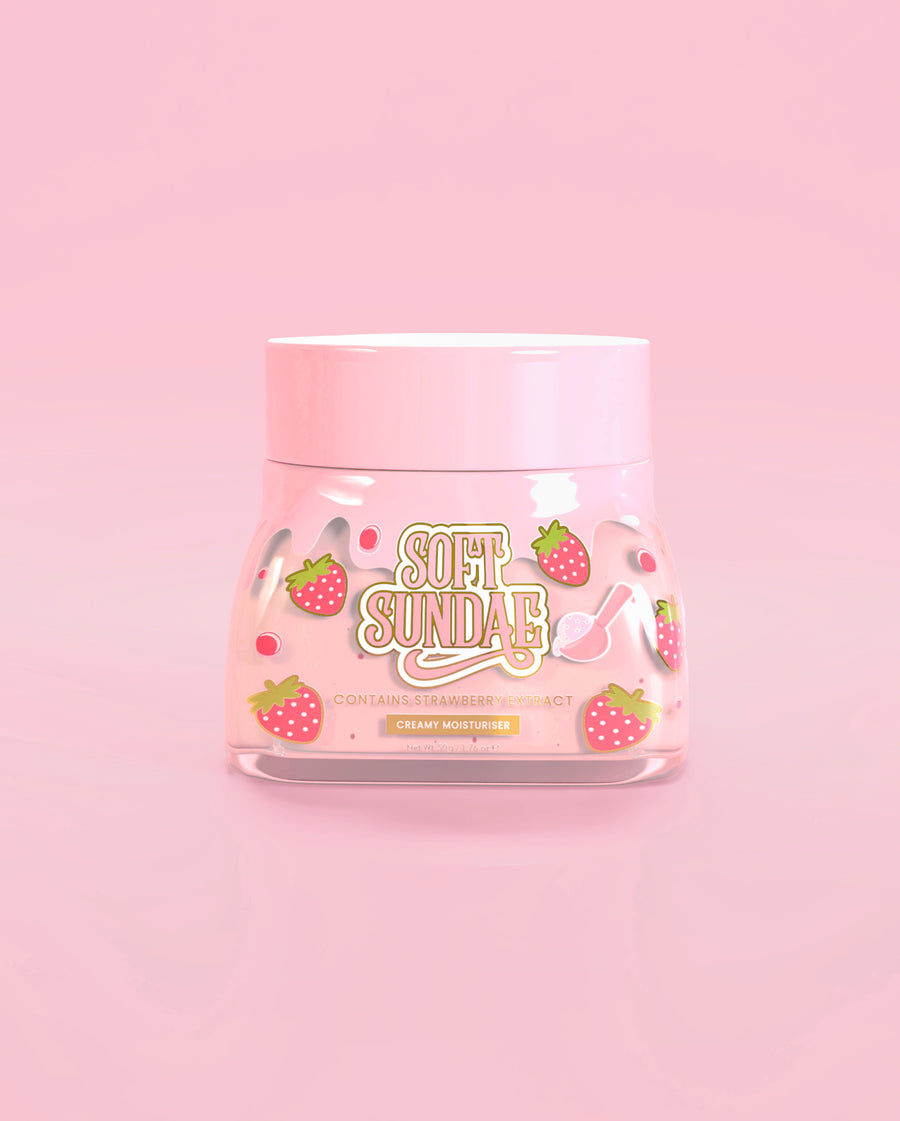 Frasco rosa de sorvete de sundae macio P. Louise, hidratante batido em fundo rosa