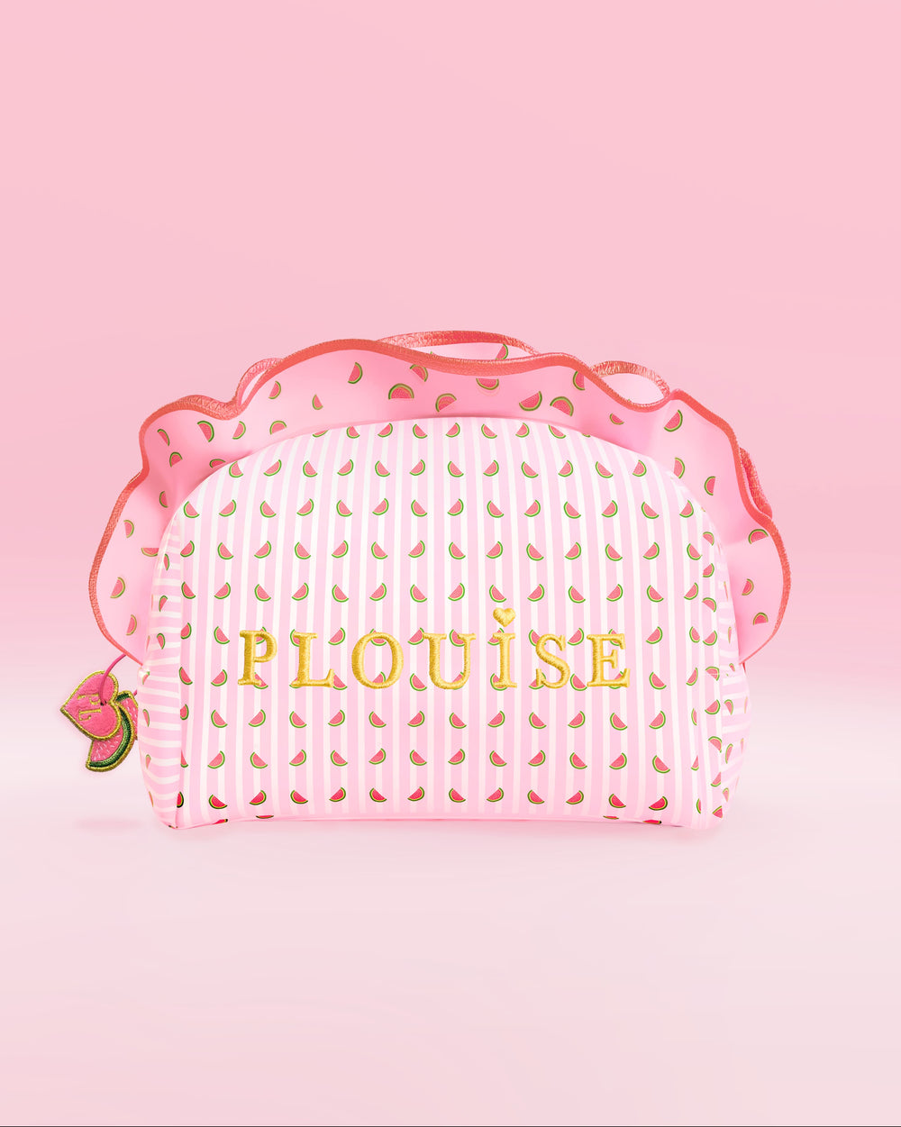 Bolsa de maquiagem e cuidados com a pele P.Louise listrada rosa e branca com babados e estampas de melancia