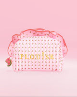 Bolsa de maquiagem e cuidados com a pele P.Louise listrada rosa e branca com babados e estampas de melancia