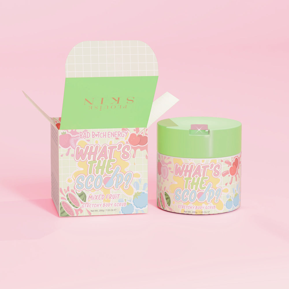 P.Louise 'Qual é o furo?' esfoliante corporal elástico com aroma de frutas mistas e embalagem com design de frutas mistas em fundo rosa