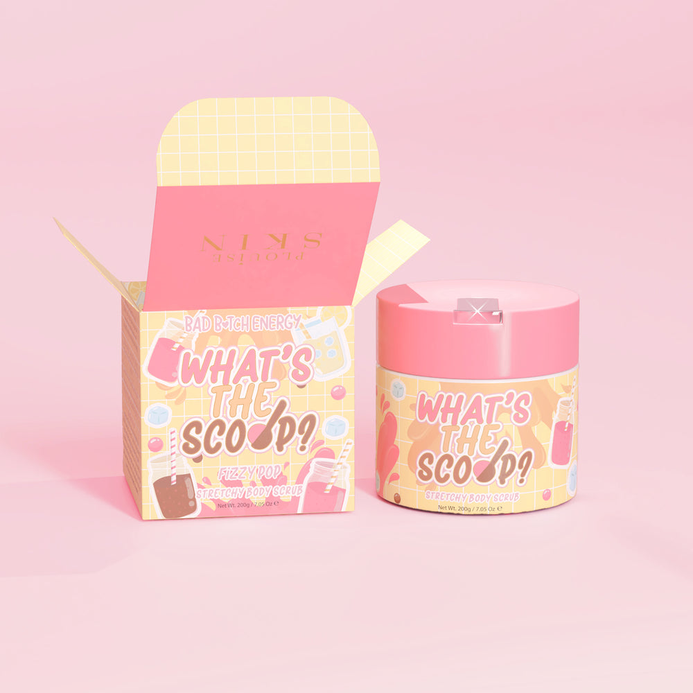 P.Louise 'Qual é o furo?' esfoliante corporal elástico com aroma pop efervescente e embalagem com design pop efervescente em fundo rosa