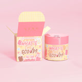 P.Louise 'Qual é o furo?' esfoliante corporal elástico com aroma pop efervescente e embalagem com design pop efervescente em fundo rosa
