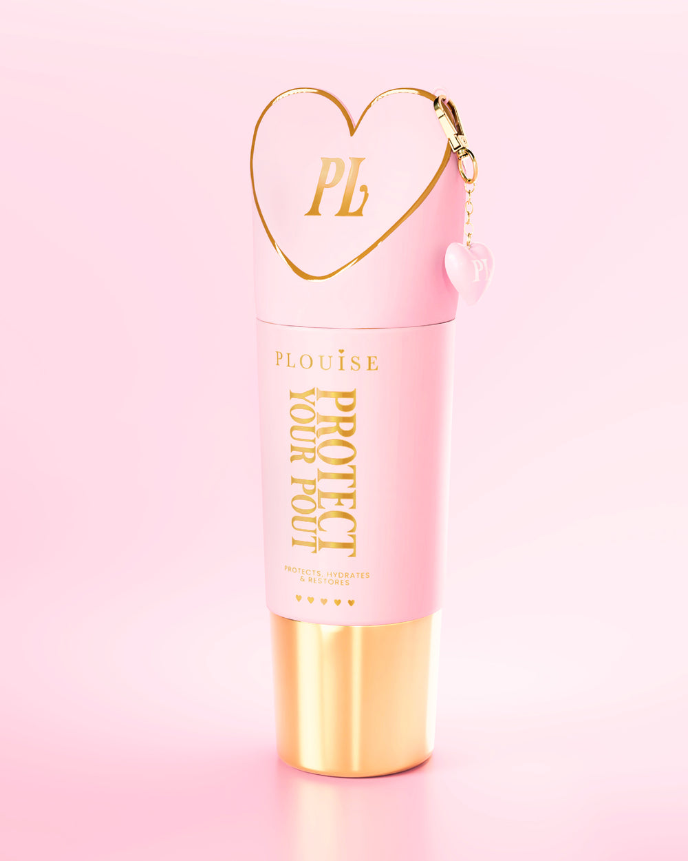 Frasco gigante rosa e dourado Protect Your Pout com tampa em forma de coração sobre fundo rosa claro