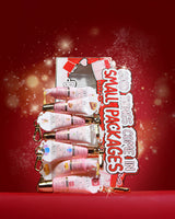 Set of 'All Good Things Come In Small Packages' mini lip conditioner gift set on a red background