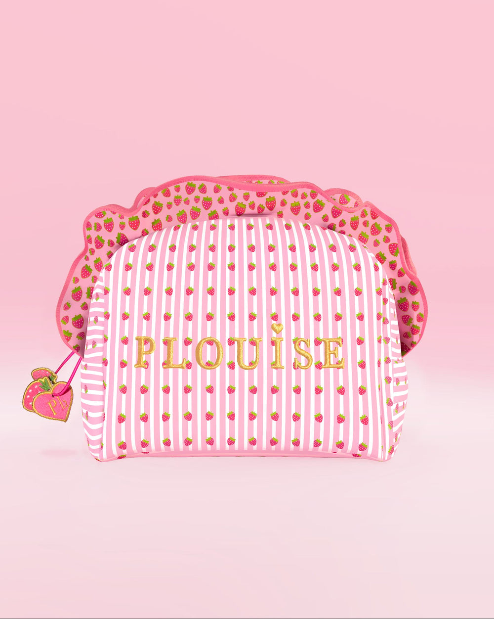 Bolsa de maquiagem e cuidados com a pele P.Louise listrada rosa e branca com babados e estampas de morango