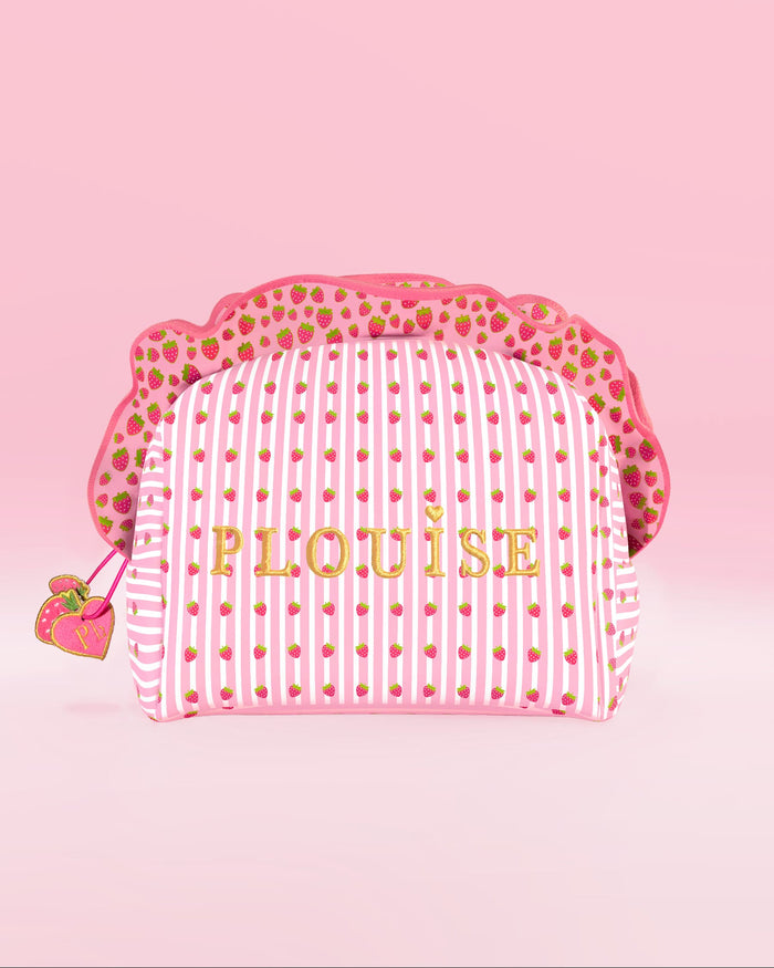 Bolsa de maquiagem e cuidados com a pele P.Louise listrada rosa e branca com babados e estampas de morango