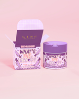 P.Louise 'Qual é o furo?' esfoliante corporal elástico com aroma de palma lilás e embalagem com design de palma lilás em fundo rosa