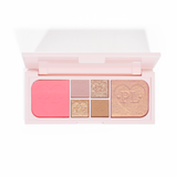 Uma imagem da Mini Paleta de Olhos e Rosto P.Louise Fluffy Fantasy apresentando foscos cremosos e brilhos amanteigados em uma variedade de tons rosa e neutros